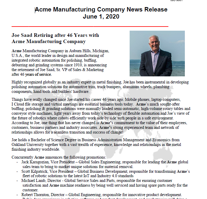 Joe Saad在Acme制造公司工作46年后退休