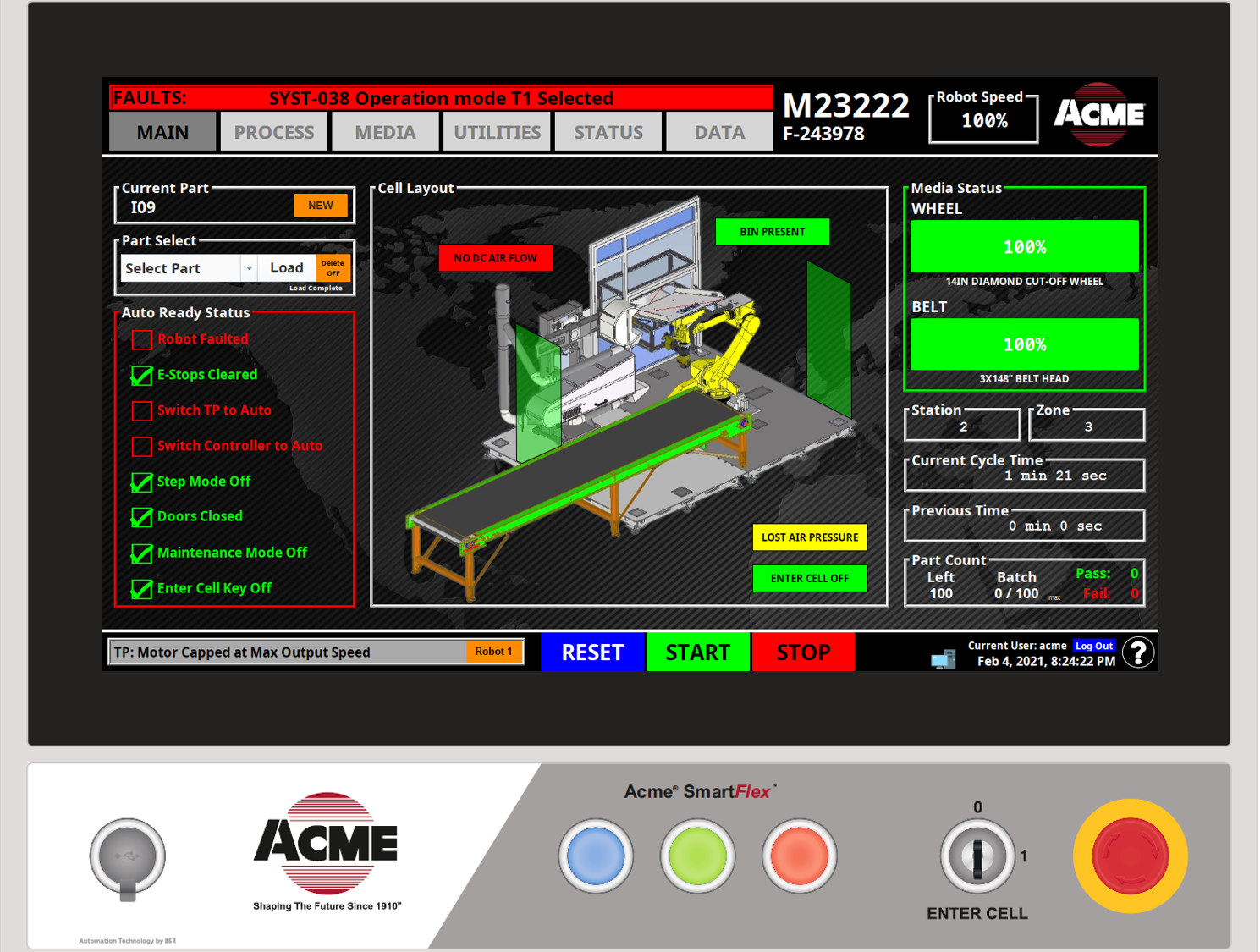 Acme机器人切割应用程序的操作显示屏幕